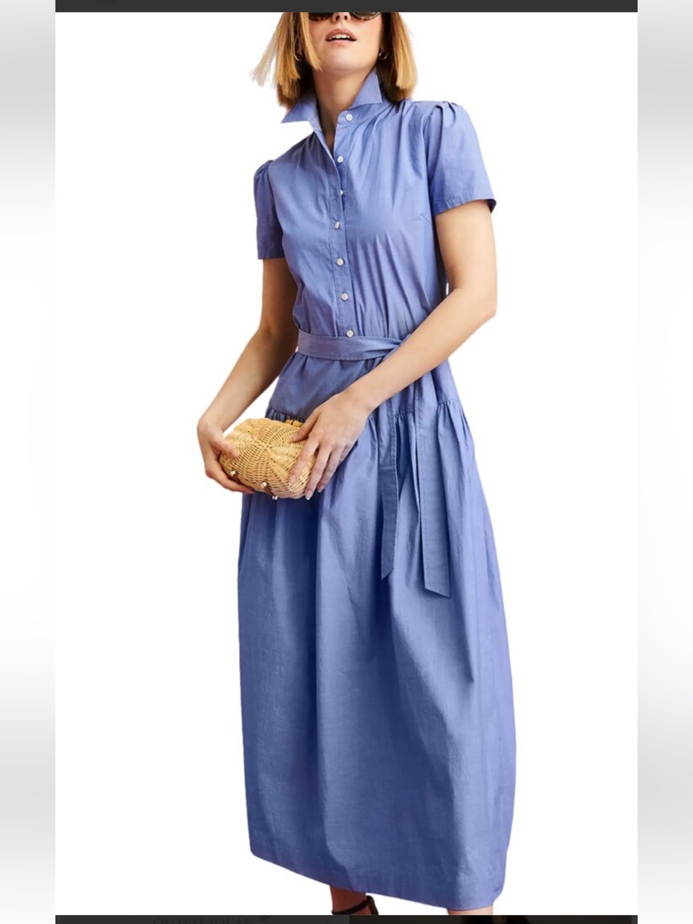 J. McLaughlin Blue Button-Front Midi Shirt Dress with Self Tie